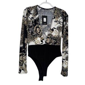 Fashion Nova Sexy Love Plunging Bodysuit L Black & Leopard Print Long Sleeve Top